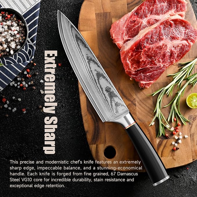 Sunnecko 8 Inch Chef Knife, Japanese Damascus VG10 Professional Kitchen Blade for Meat Vegetable Slicing, Ultra Sharp Cooking Tool with Manual Sharpener & Gift Box Packaging, Multi-purpose Chefs Knife