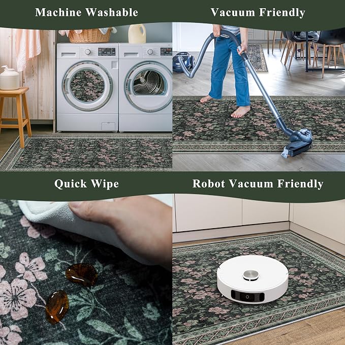 Kitchen Rugs 3 Piece Set, Washable Non-Slip Farmhouse Kitchen Mats for Hardwood Floor, Rustic Floral Boho Runner Rug for Sink,Entryway & Hallway & Bathroom (Dark/Green/Floral,2x3-2x4-2x5)