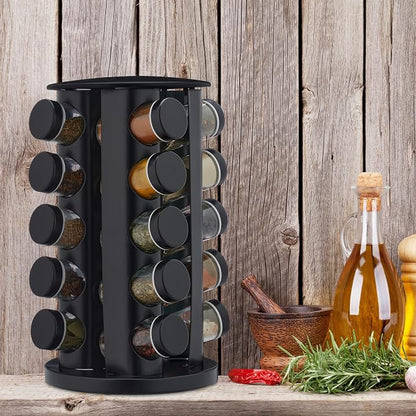 Relaxdays Spice Carousel with 20 Spice Jars, Includes Shaker Insert, Rotating Refillable Spice Rack for Kitchen, Black