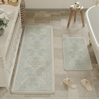 Kitchen Mats for Floor Thick Anti Fatigue Waterproof Vintage Spring Floral Kitchen Rugs 2PCS Cushioned Non Blue Comfort Standing Mats for Sink Laundry Office 17.3"×47"+17.3"×30"