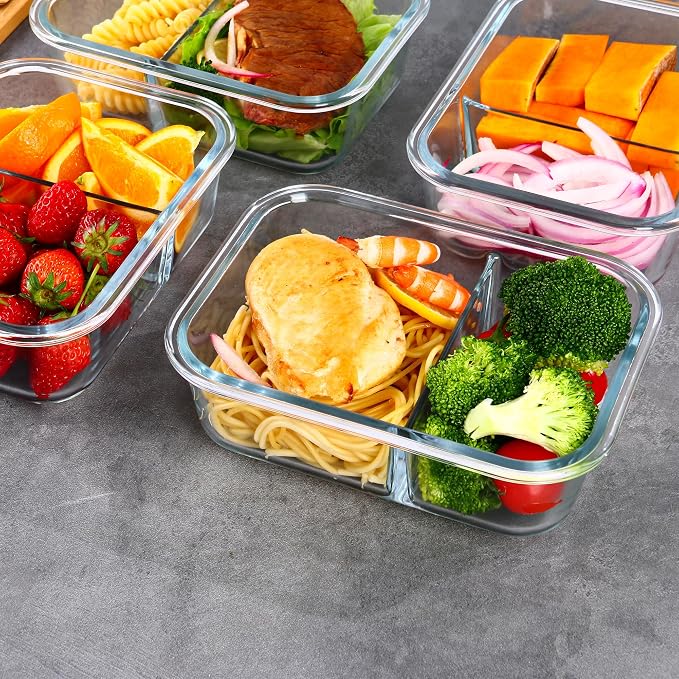 5 Pack 30oz Glass Meal Prep Containers - 2 Compartment Glass Food Storage Containers with Lids, Airtight Bento Boxes, Oven, Freezer & Dishwasher Safe
