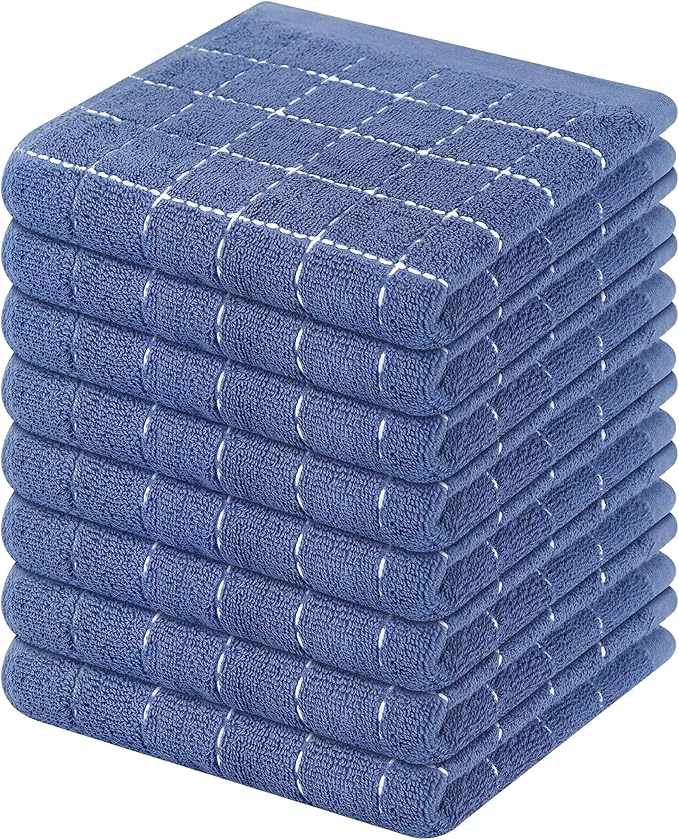 Mordimy 100% Cotton Terry Cloth Dish Cloths, Soft and Absorbent Checkered Dish Towels, Quick Drying Dish Rags for Washing Dishes, 8 Pack, 12 x 12 Inches, Navy Blue