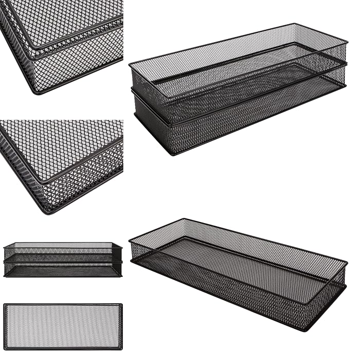 Annova Mesh Stackable Drawer Cabinet and Shelf Organizer Bins Storage Basket School Office Supply Holder Tray- Set of 2 (Black, 6x15x2 Inch)