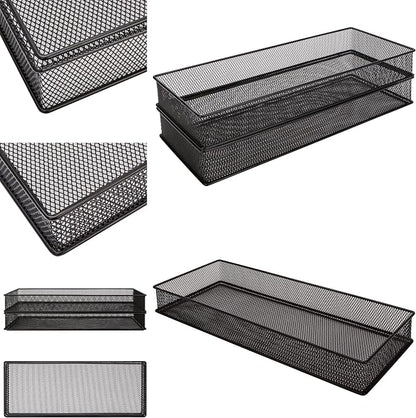 Annova Mesh Stackable Drawer Cabinet and Shelf Organizer Bins Storage Basket School Office Supply Holder Tray- Set of 2 (Black, 6x15x2 Inch)