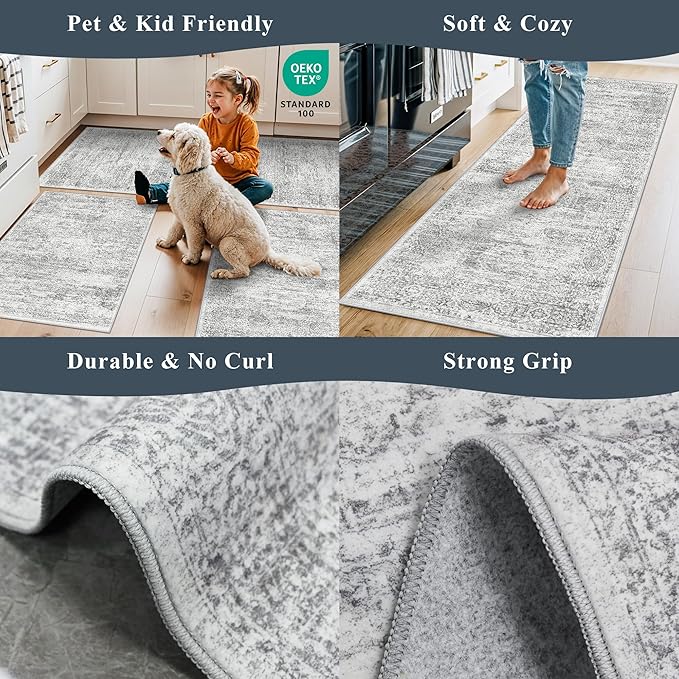 Kitchen Mats for Floor 2 Piece, Non Slip Washable Kitchen Rugs Sets for Floor, Soft Low Pile Kitchen Area Rug for Kitchen Sink Laundry Entryway (Grey Ivory, 2x3+2x4)