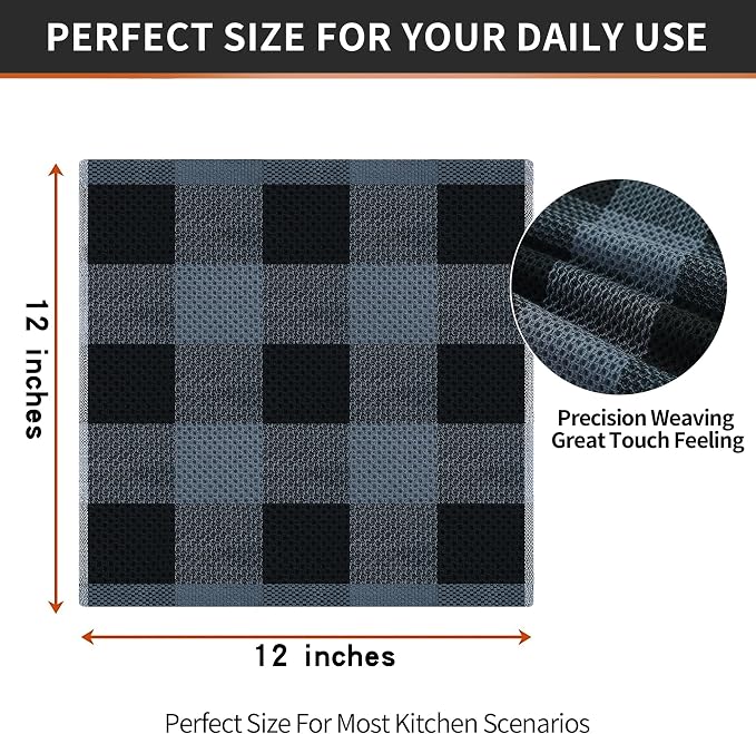 Homaxy 100% Cotton Waffle Weave Check Plaid Dish Cloths, 12 x 12 Inches, Super Soft and Absorbent Dish Towels Quick Drying Dish Rags, 12-Pack, Black & Grey