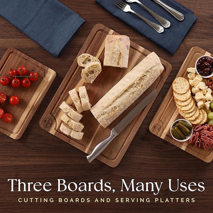 Pre-Oiled, Non Toxic 3-Piece Acacia Cutting Board Set with Stand, FSC Certified Wooden Chopping Boards, Includes 3.4 fl oz Chopping Board Oil, 3 Wood Carving Boards for Home, BBQ Kitchen, Deer & Oak
