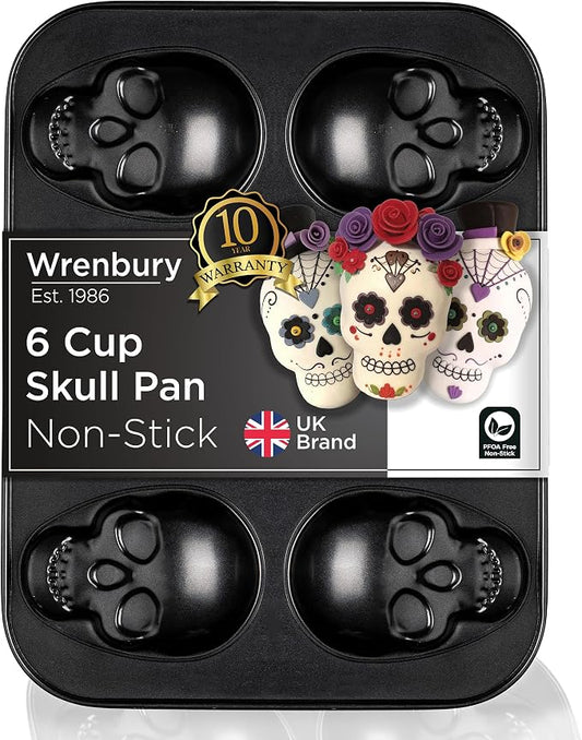 Wrenbury Large Skull Baking Pan - 6 Cup Metal Muffin Tin for Pizza Cupcakes | Durable Non Stick Skeleton Mold for Halloween and Year-Round Baking