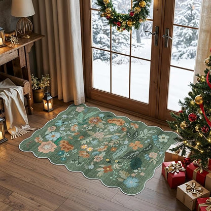 Washable Floral 2x3 Area Rug: Indoor Soft Scalloped Carpet for Entryway Kitchen Nursery Non-Slip Water Resistant Bathroom Laundry Floor Mat Low Pile Durable Door Mat(2x3 Floral/Green)