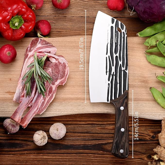 Forged Meat Cleaver Kitchen Butcher Knife for Meat Cutting and Slicing, Serbian Chef Knife with Wood Handle and Gift Packaging