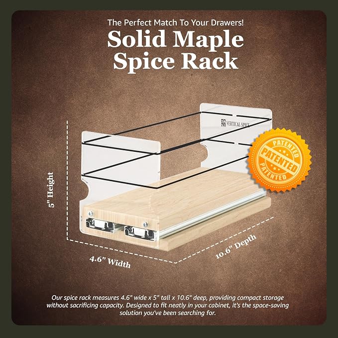 Vertical Spice Solid Maple Storage Rack Drawer - Sliding Spice Rack - Pantry Organizers and Storage - Kitchen Cabinet Organizer - Pull Out Shelf - Made in USA - 1 Drawer (4.6" W x 5.0" H x 10.6" D)