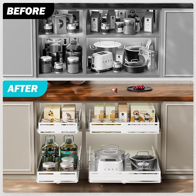 Pull Out Cabinet Organizer, Expandable Width 8"-13", Heavy Duty Metal Slide Out Drawers for Cabinets, Expandable Cabinet Pull Out Shelves for Kitchen, Pantry, Bathroom, White