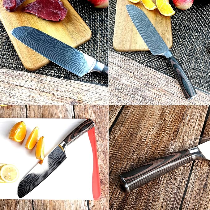 Damascus Chef Knife Set. Professional Japanese High Carbon Steel. 7Cr17mov Blade. Ergonomic comfort Woden Handle. 7 Inch