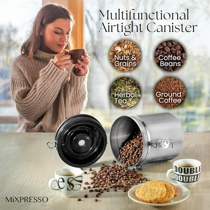 Mixpresso 16 Oz Stainless Steel Coffee Canister with Scoop – Airtight Coffee Container with CO2 Valve for Bean Storage, Date Tracker Lid
