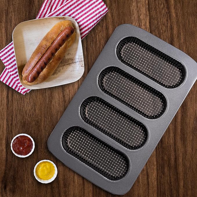 Yomvzake Hot Dot Bun Pan Set of 2, Perforated Carbon Steel Non-Stick Hotdog Bun Mold Bread Forms Crispy Mini Baguette Sandwich Baking Tray for Hot Dog Bun Rolls