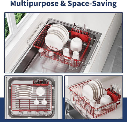 JASIWAY Red Dish Drying Rack in Sink, Expandable Stainless Steel Dish Drainers for Kitchen Counter, Dish Dryer Rack for Inside Sink, Over The Sink Dish Racks with Utensil Holder