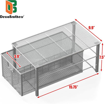Deco Brothers Stackable Pull Out Cabinet Sliding Basket with Dividers, Large, Silver
