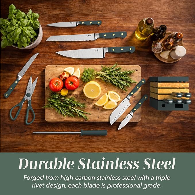 COOK WITH COLOR 14 Pieces Kitchen Knife Block Set, Knives for Kitchen, Forged Cutlery with Razor-Sharp High Carbon Steel Blades, Magnetic Block