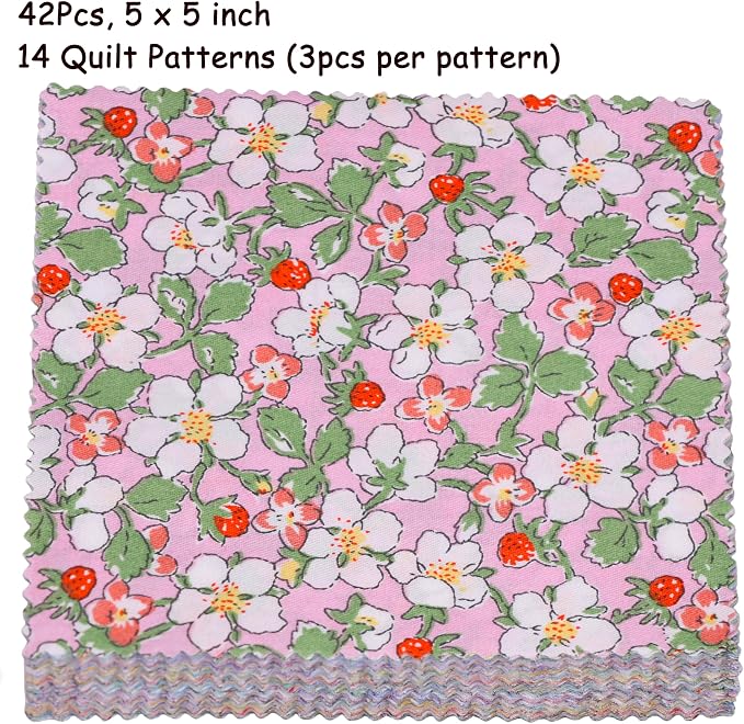 Nodsaw Charm Packs for Quilting 5 inch - 42 5" Charm Squares for Quilting - Colorful Bright Pastel Spring Floral Print Cotton Fabric Quilt Squares 5x5 for Sewing, Patchwork, and DIY Crafts