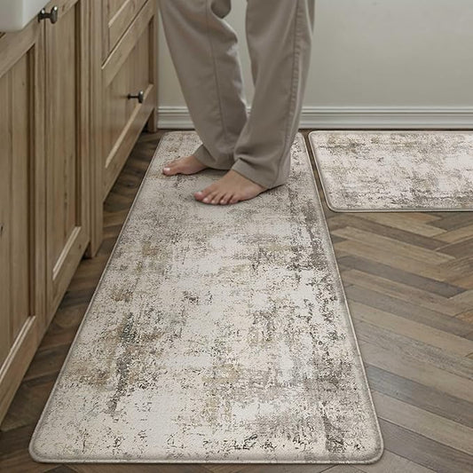 Kitchen Mats for Floor Set of 2 Anti Fatigue Waterproof Kitchen Rug Brown Grey Abstract Cushioned Non-Slip Kitchen Mats Comfort Standing Neutral Mat for Sink Laundry Office 17.3"×47"+17.3"×30"