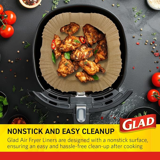 Glad Air Fryer Liners with Raised Walls, Nonstick Parchment, Heat Resistant to 446 Degrees F, Food-Grade, Rounded Square Shape, Fits Square and Round Air Fryers, 9", 100 Count