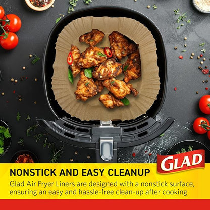 Glad Air Fryer Liners with Raised Walls, Nonstick Parchment, Heat Resistant to 446 Degrees F, Food-Grade, Rounded Square Shape, Fits Square and Round Air Fryers, 9", 100 Count