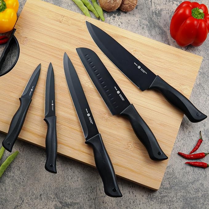 15-Piece Kitchen Knife Block Set with Built-in Sharpener, Upgraded Non-Stick Coating Blades, Ergonomic Handles, Dishwasher Safe, Black