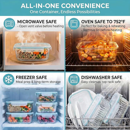 5-Packs, 36 Oz Glass Meal Prep Containers with Snap Locking Lids Glass Food Containers,Airtight Lunch Container,Microwave, Oven, Freezer and Dishwasher