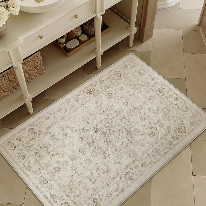 Anti Fatigue Kitchen Mat Beige Neutral Mats for Cushioned Vintage Kitchen Mats for Floor Non-Slip Waterproof Comfort Standing Rug for Sink Laundry Office 17.3"×30"