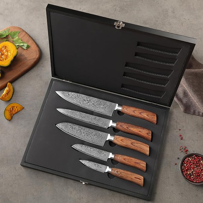 Wakoli EDIB Pro 5-Piece Damascus Knife Set – Professional Chef Knives Set with VG10 Core Blades, 67-Layer Damascus Steel and Ergonomic Pakkawood Handles – Premium Kitchen Knives in Wooden Gift Box