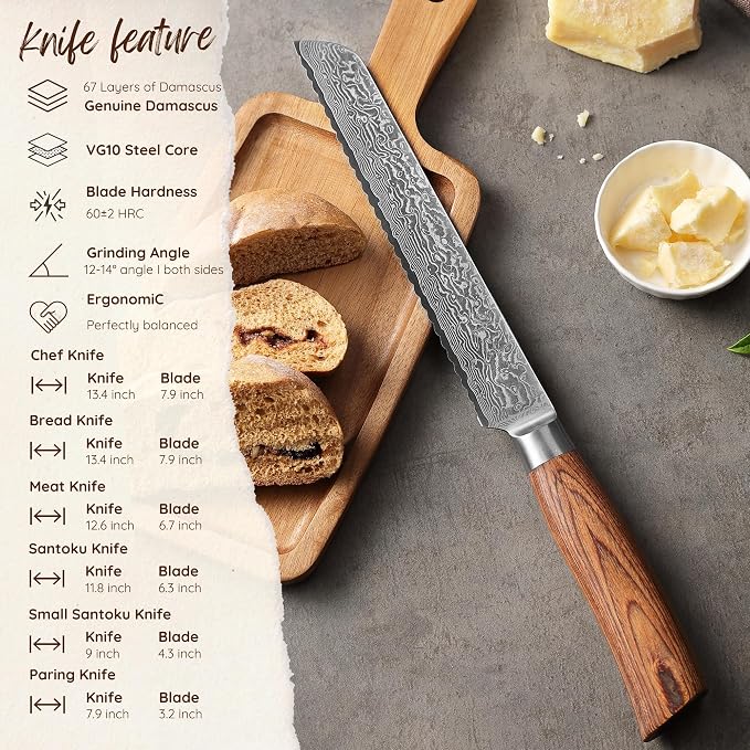 Wakoli EDIB Pro 6-Piece Damascus Knife Set, VG10 Core 67-Layer Damascus Steel Kitchen Knives with Ergonomic Pakkawood Handles, Chef Knife Set in Elegant Gift Box, Hand Wash Only