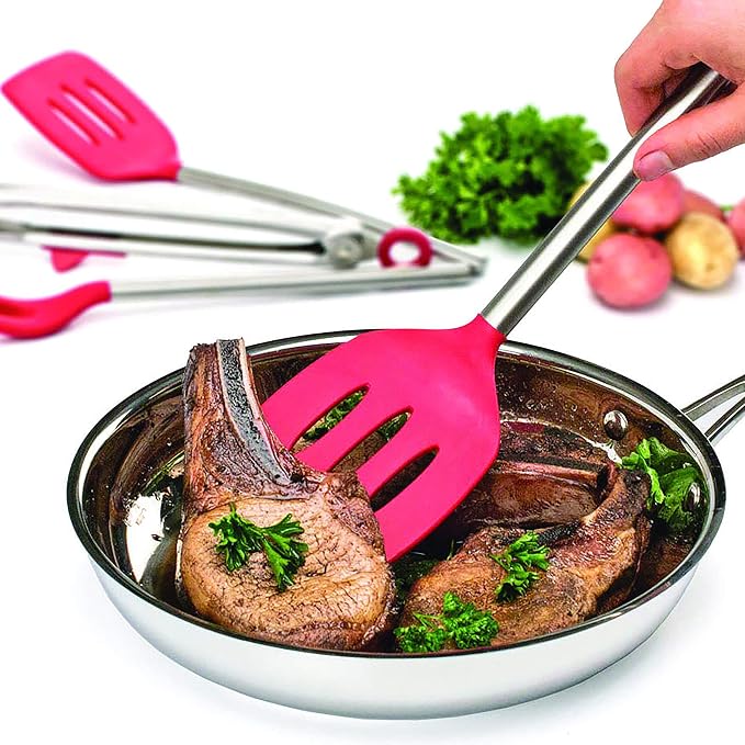 Tovolo Slotted Silicone Spatula Turner Slotted Stainless Steel Handle 10" Charcoal Gray Heat Resistant Non Toxic BPA Free Kitchen Utensil, Silicone Egg Pancake Flipper Metal Handle Turner for Cooking