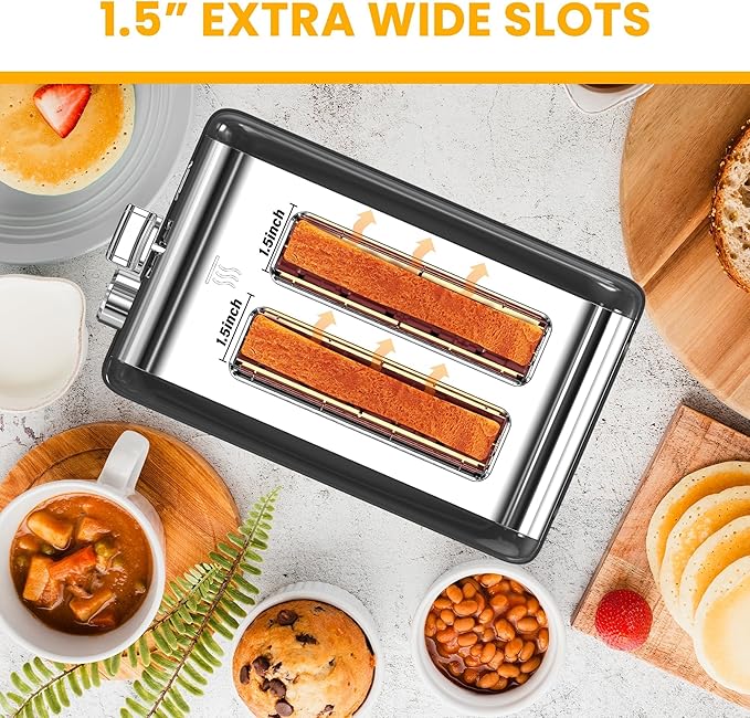 Simple Deluxe 2-Slice Toaster, 6 Browning Setting and 3 Function Stainless Steel Toaster, Extra Wide Slot & Removable Crumb Tray, for Bread & Waffle, Black