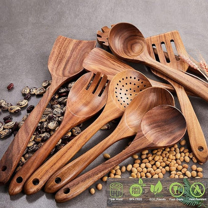 Wooden Kitchen Utensils Set,GUDAMAYE 6 PCE Wooden Spoons for Cooking,Wooden Cooking Utensils,Natural Teak Wooden Spoons For Non-stick Pan