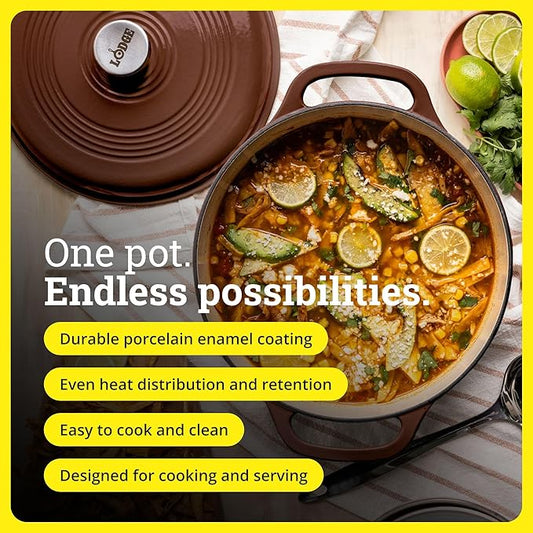 Lodge Essential Enamel Cast Iron Dutch Oven 6 Quarts - Perfect for Bread Baking, Braising, Marinating & Slow Cooking, Features Moisture-Sealing Lid & Dual Handles, Kitchen Essentials, Burnt Sienna