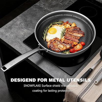 Non Stick Frying Pans, Stainless Steel Pans Tri-Ply Frying Pan with Lid, Non-Toxic PFAS PFOA PTFE Free, Metal Utensil Dishwasher & Oven Safe Induction Compatible (8-inch)
