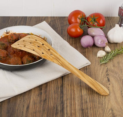 Eddington Italian Olive Wood Wide Pierced Spatula, Handcrafted in Europe, 12.5-Inches