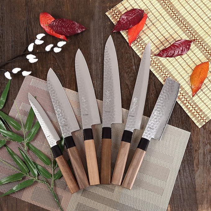 Japanese Petty Knife Hammered Damascus VG-10 46 Layer Octagonal Walnut Handle, 6-inch (150mm)