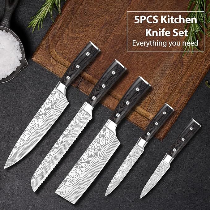 5PCS Kitchen Knife Set, High Carbon Stainless Steel Kitchen Knife Set, Professional 8 "Chef's Knife and 7" Nakiri Knife and Multi-Purpose Knife Set, Sharpener, Finger Protector