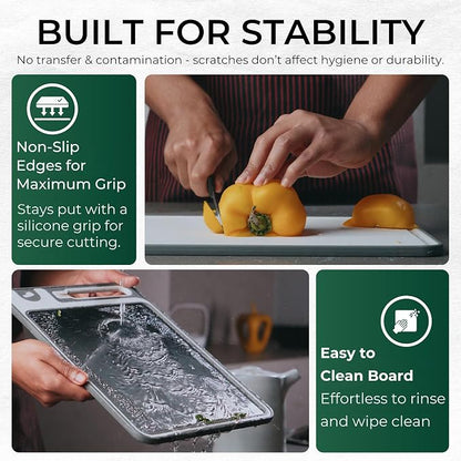 Stainless Steel Cutting Board with Built-In Knife Sharpener, 3-Piece Set, Double-Sided 304 Food-Grade Steel & Wheat Straw, Large Board for Meat & Vegetables, Dishwasher Safe, 15x10 Inch, Food Safe