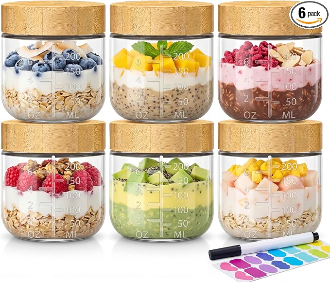8oz Glass Jars with Airtight Lids - 6 Pack Overnight Oats Containers with Bamboo Lids, Small Food Containers with Measurement for Yogurt, Salad, Chia, Wide Mouth Mason Jar with Lid for Food Storage