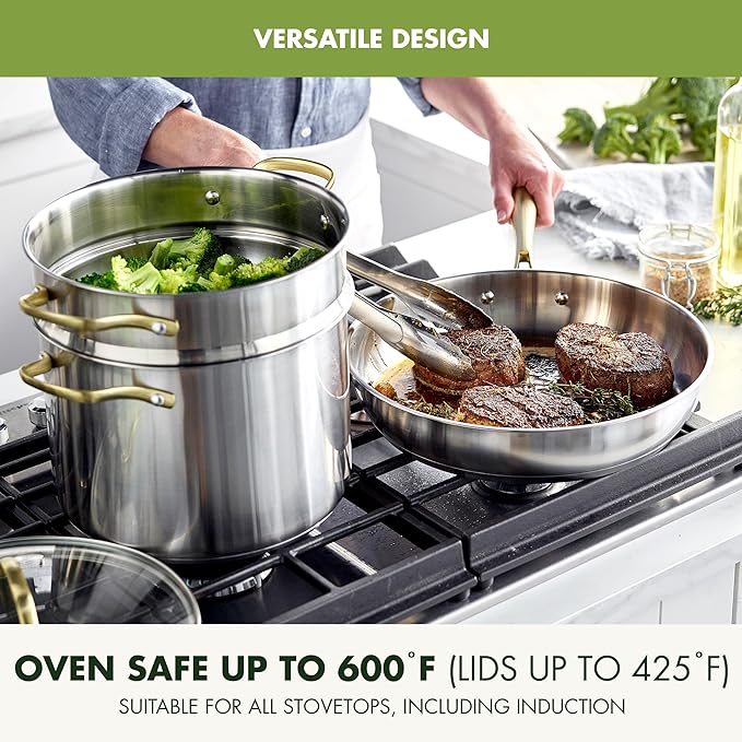 GreenPan Stainless Steel Cookware Set, 11 Piece, Induction Cookware, Dishwasher Safe, Oven Safe to 600F, Large 8QT Stock Pot, Sauce, Saute, Frying Pans, Pots & Pans Kitchen Essentials, Gold