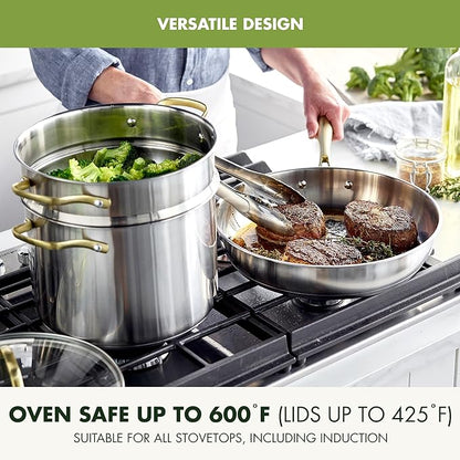 GreenPan Stainless Steel Cookware Set, 11 Piece, Induction Cookware, Dishwasher Safe, Oven Safe to 600F, Large 8QT Stock Pot, Sauce, Saute, Frying Pans, Pots & Pans Kitchen Essentials, Gold