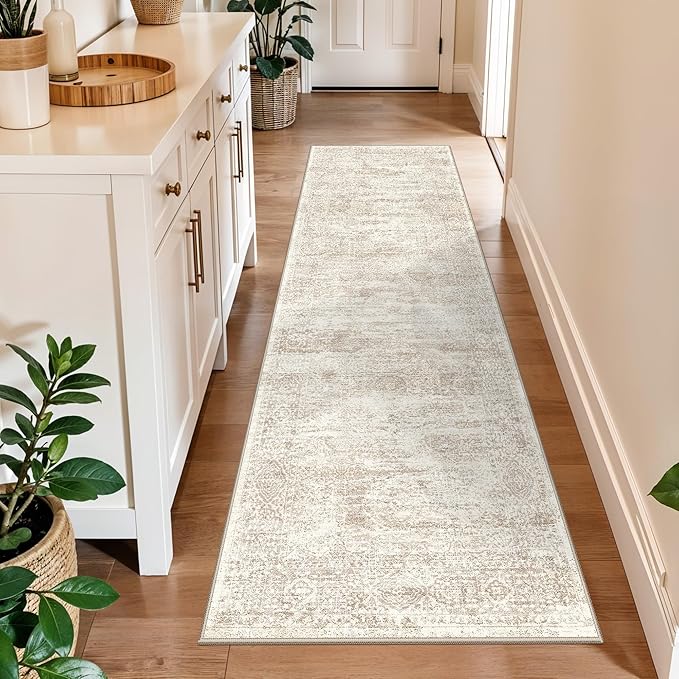 2x8 Runner Rug Washable Hallway: Non Slip Kitchen Runners with Rubber Backing Vintage Farmhouse Neutral Boho Cream Soft Carpet for Bathroom Bedroom Entryway, Cream/Beige