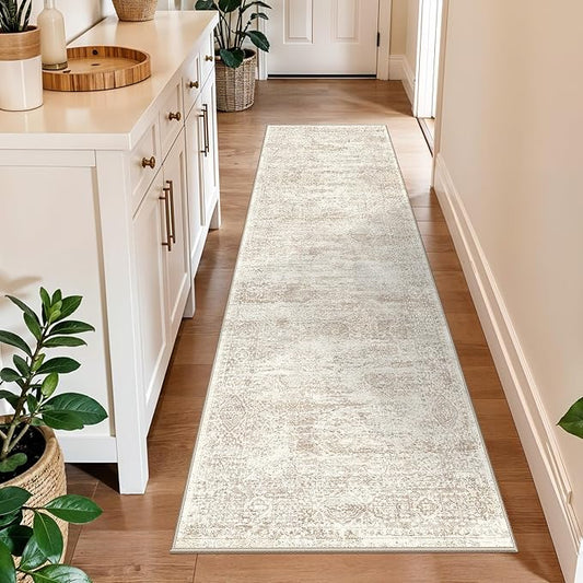 2x8 Runner Rug Washable Hallway: Non Slip Kitchen Runners with Rubber Backing Vintage Farmhouse Neutral Boho Cream Soft Carpet for Bathroom Bedroom Entryway, Cream/Beige