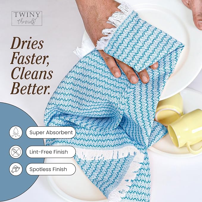 TWINY threads Kitchen Dish Towel Chevron Weave, Large Premium 100% Cotton Kitchen Linen Set, Absorbent Dish Rags for Drying Dishes, Quick Drying Washable Reusable, 4 Pack, 16x26 Inch, Turquiose Blue