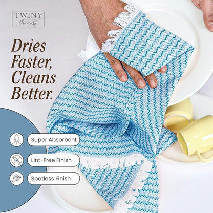 TWINY threads Kitchen Dish Towel Chevron Weave, Large Premium 100% Cotton Kitchen Linen Set, Absorbent Dish Rags for Drying Dishes, Quick Drying Washable Reusable, 4 Pack, 16x26 Inch, Turquiose Blue