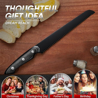 Dream Reach Serrated Bread Knife - Hand Forged Full Tang Black Sourdough Knife for Slicing Baguette, Sandwich, Bagels, Cake and Fruits