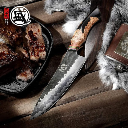 MITSUMOTO SAKARI 8-Inch Japanese Gyuto Chef Knife, 440C Damascus Steel | Precision Pull Cuts, Deep-Cryo Edge Stability, 2.2 mm Thin Blade Control, Maple Burl Handle, Sandalwood Box