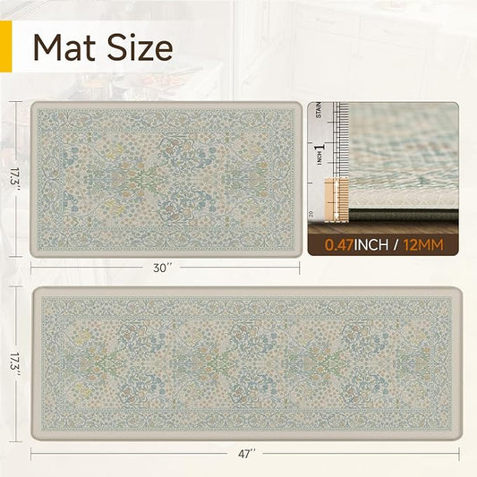 Kitchen Mats for Floor Thick Anti Fatigue Waterproof Vintage Spring Floral Kitchen Rugs 2PCS Cushioned Non Blue Comfort Standing Mats for Sink Laundry Office 17.3"×47"+17.3"×30"